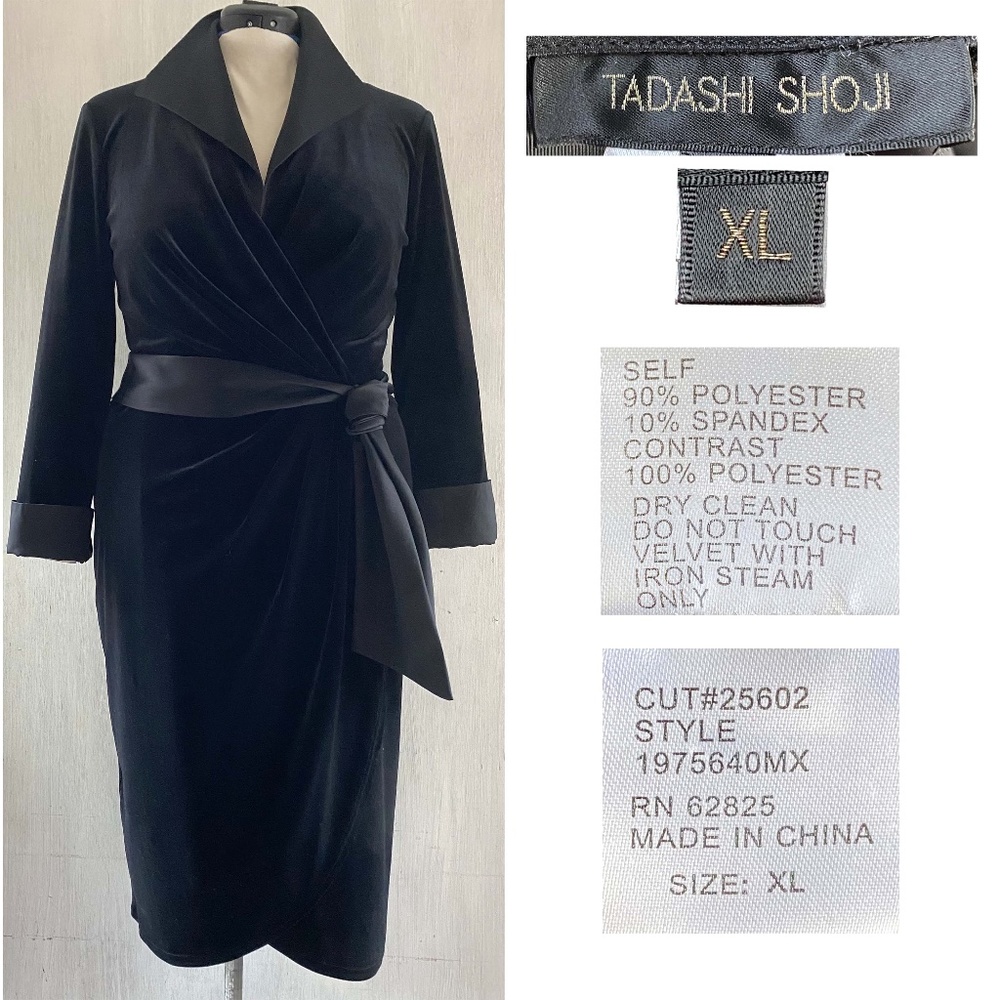 SOLD  $$$  TADASHI SHOJI XL Black Velvet Faux Wrap Dress Satin Cuffs + Tie MINT